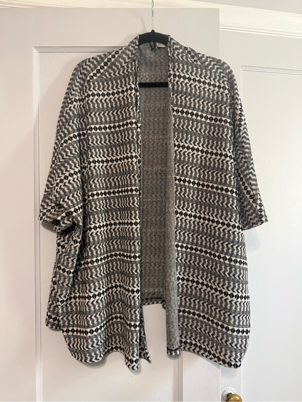 Divided Black and White Patterned Open-Front Knit Poncho